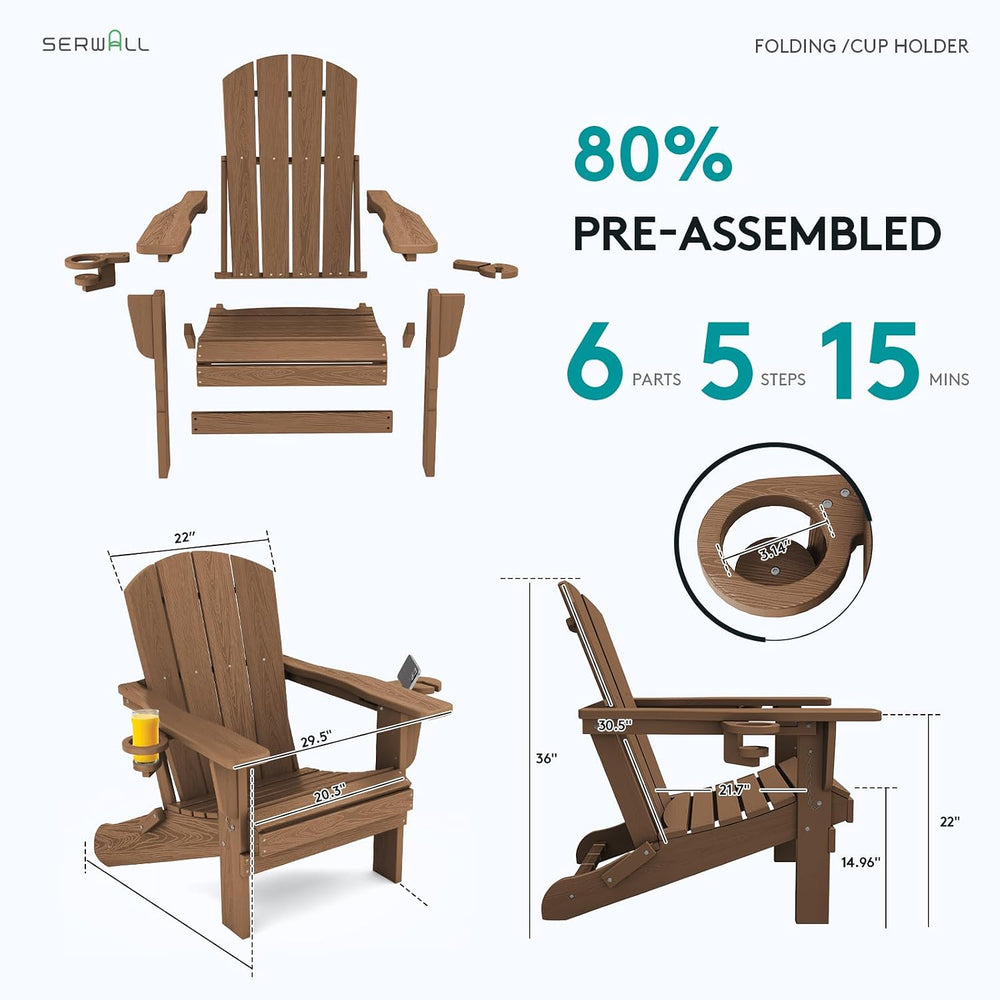 SERWALL Outdoor Adirondack Chair Set of 2 with Cup Holders,Foldable,Brown