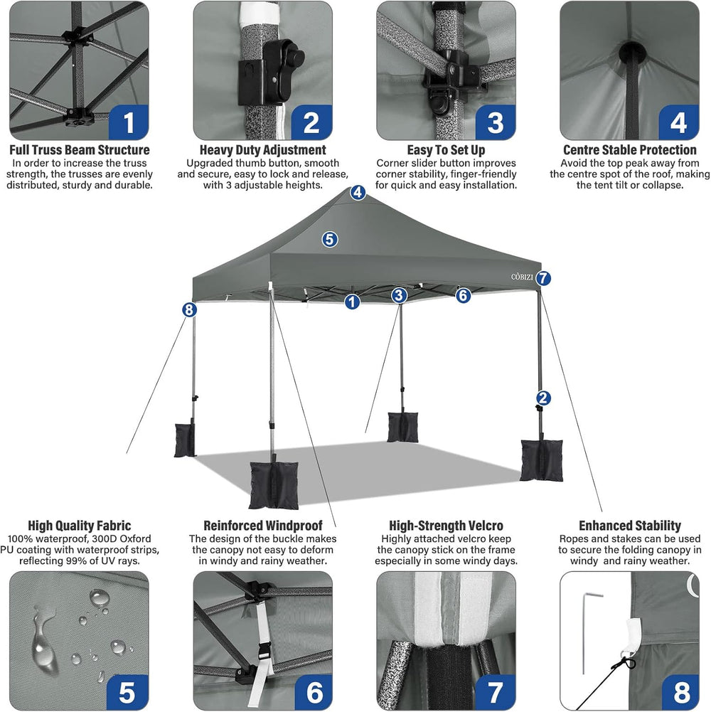 COBIZI 10x10 Heavy Duty Pop up Canopy Tent with Sidewalls Commercial Canopy