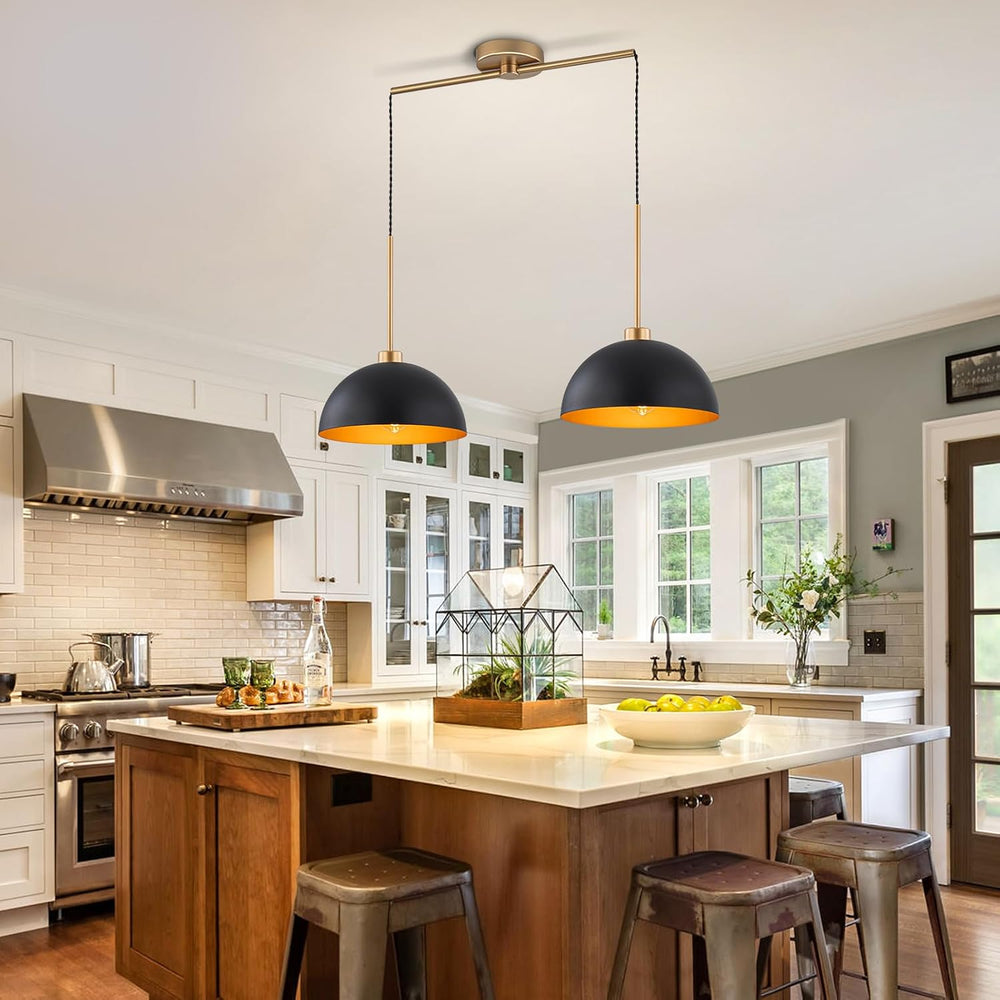 2 Light Black and Gold Dome Pendant Lights Kitchen Island