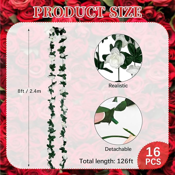 16Pcs 126Ft White Rose Garland, Fake Rose Hanging Flowers, Artificial Flower ...