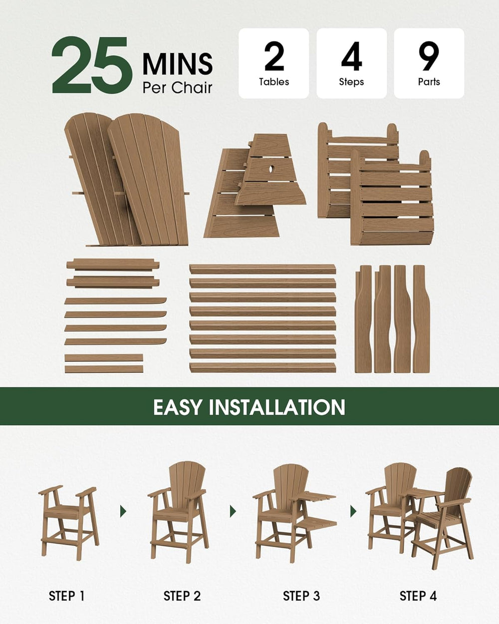 Tall Adirondack Chairs Set of 2 with Double Detachable Trays, Teak