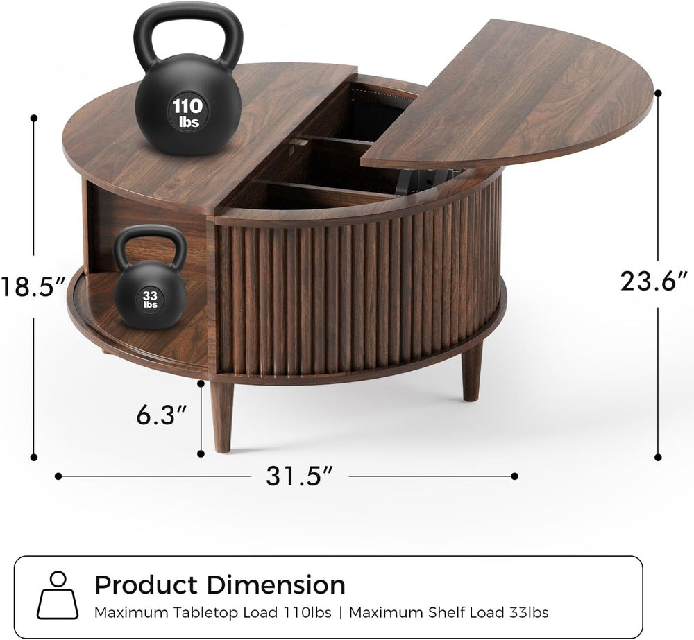 Lift Top Coffee Table with Storage, Fluted Round Center Table with Sliding Ca...