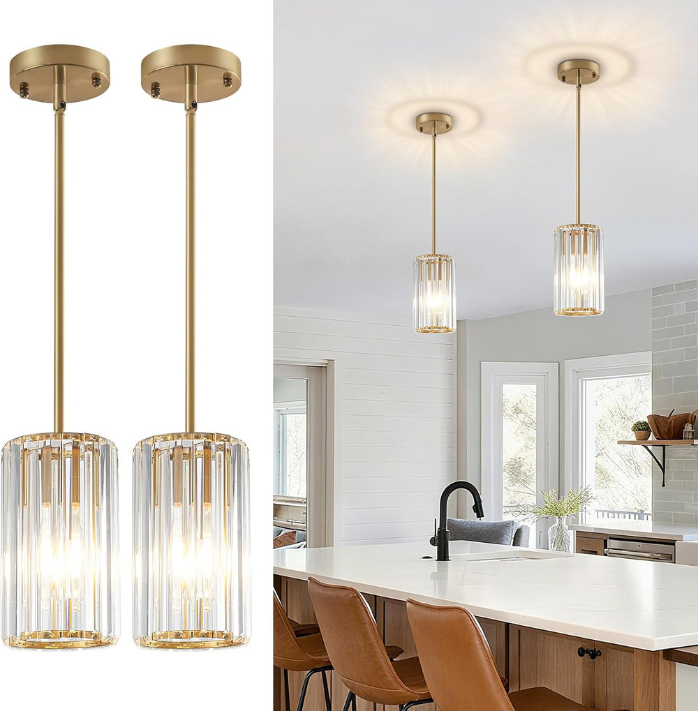 Gold Modern Crystal Pendant Lights Hanging Light Fixture, 2 Pack Pendant Ligh...