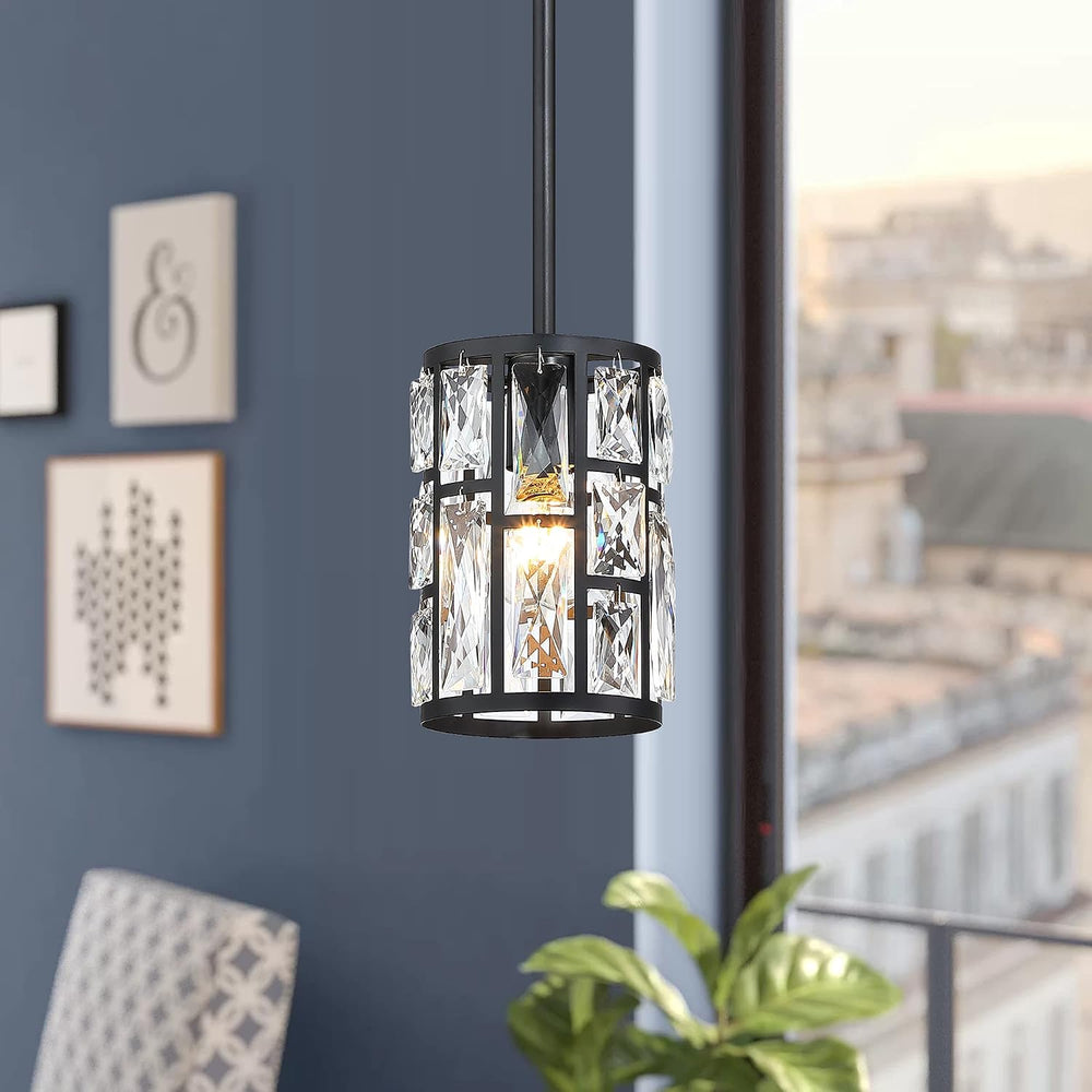 MEXO Modern Crystal Pendant Light Fixture 2-Pack Matte Black Finish Hanging L...
