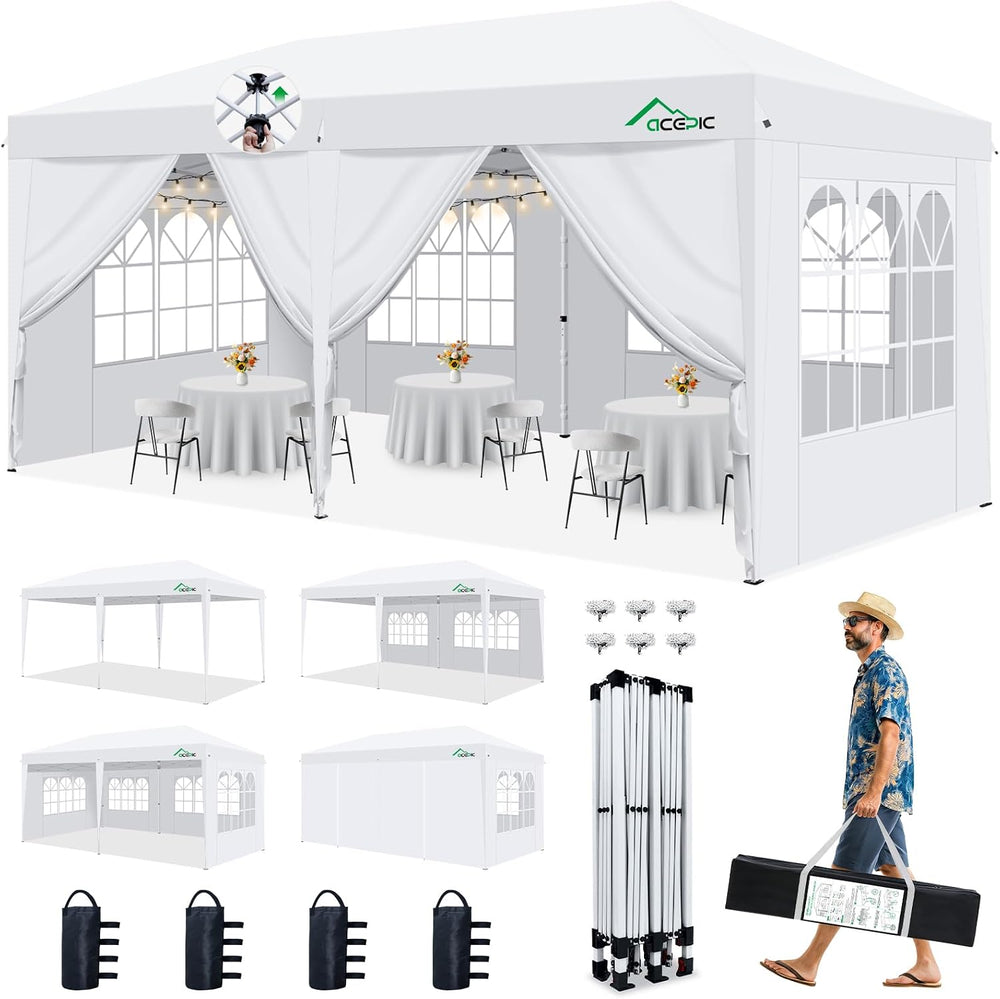 Acepic 10x20 Pop Up Canopy Tent with 6 Removable Sidewalls, White, 10x20