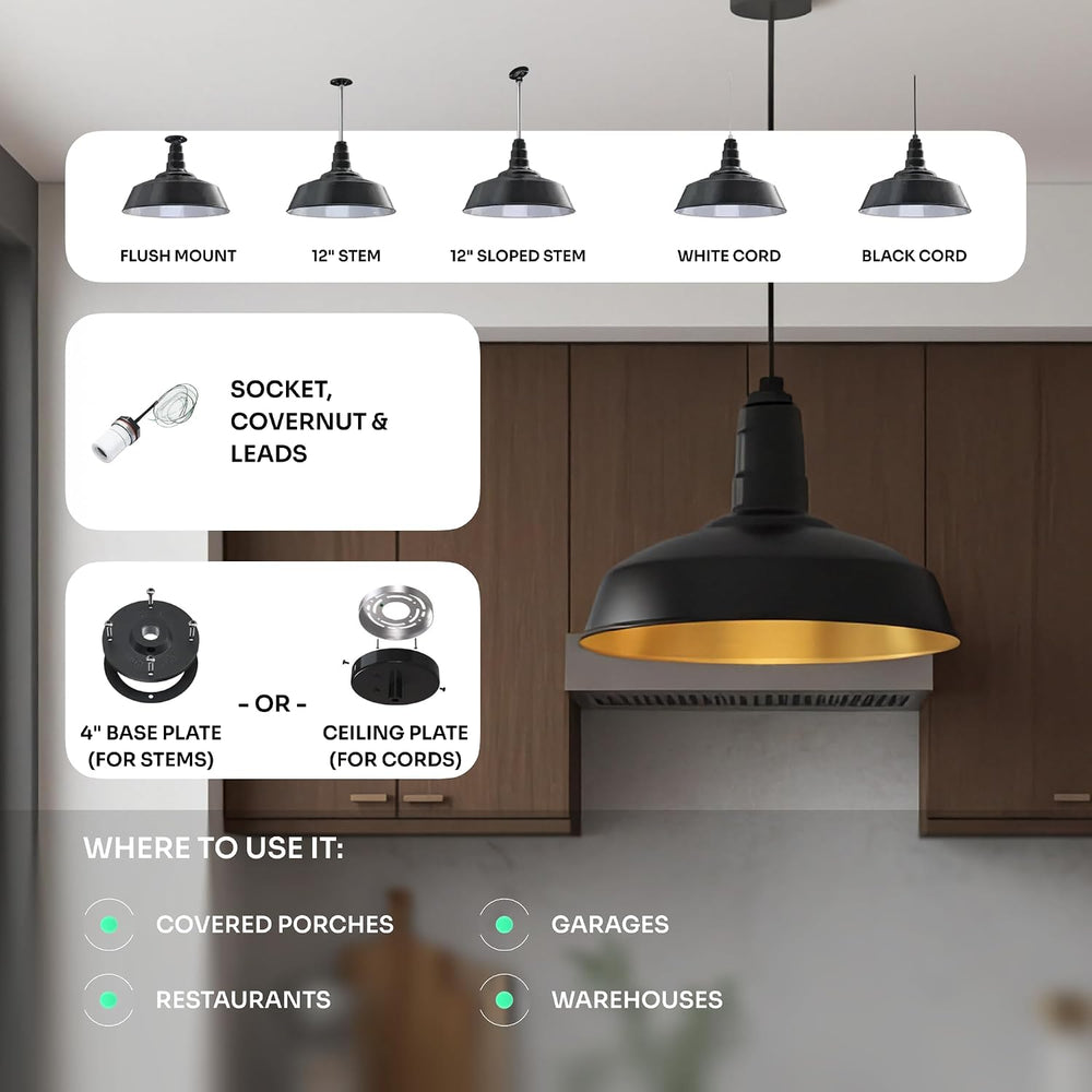 12" Sloped Stem Barn Light Pendant 16" Dome | Garage Workshop | Mat...