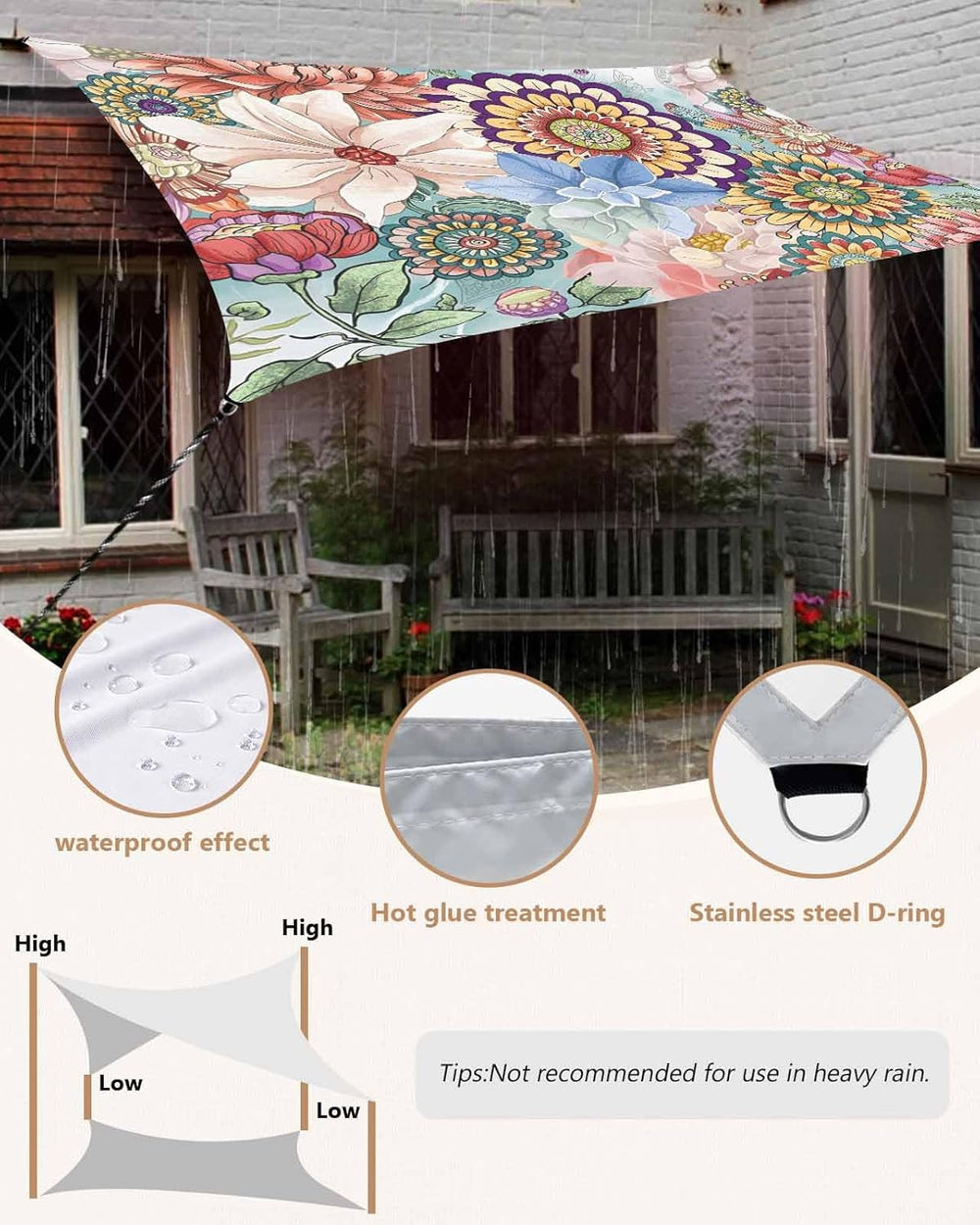 Sun Shade Sail 8'x10' Boho Floral Rectangle Sun Shade Sails Canopy Wa...