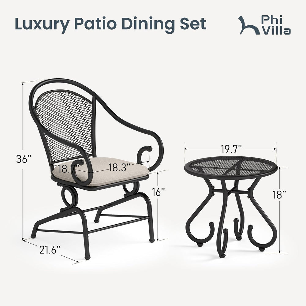 PHI VILLA 3pc Metal Mesh Outdoor Bistro Set, Rocking Chairs & Coffee Table