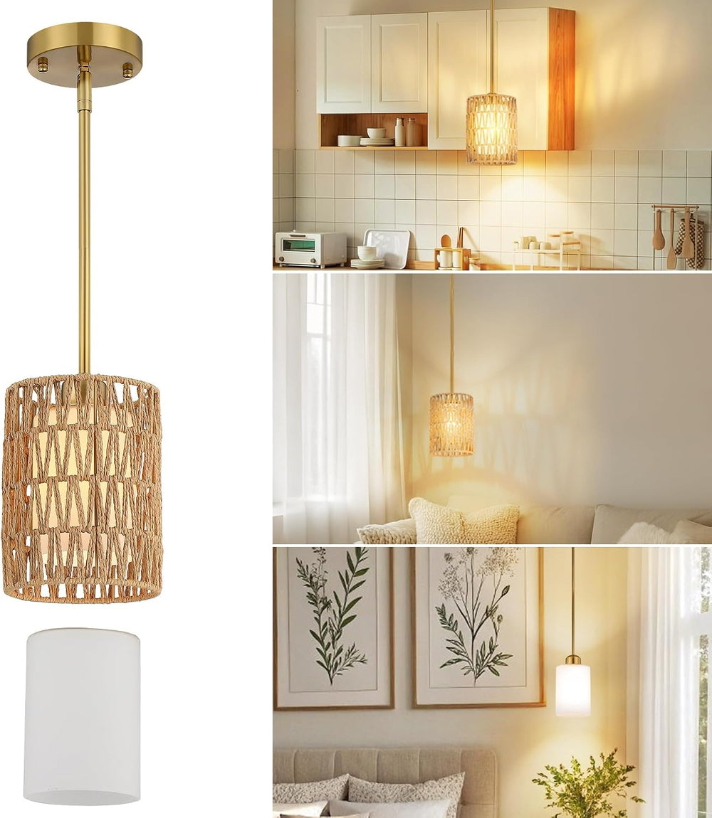 6inch Gold Rattan Pendant Light, 2-in-1 Boho Hanging Light Fixture