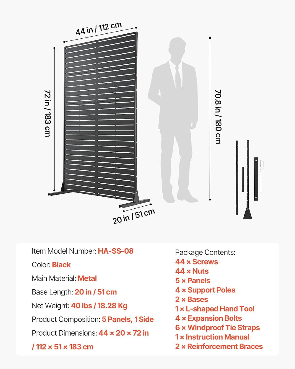 VEVOR Metal Privacy Screen, 44" W x 72" H Freestanding Modern Priva...
