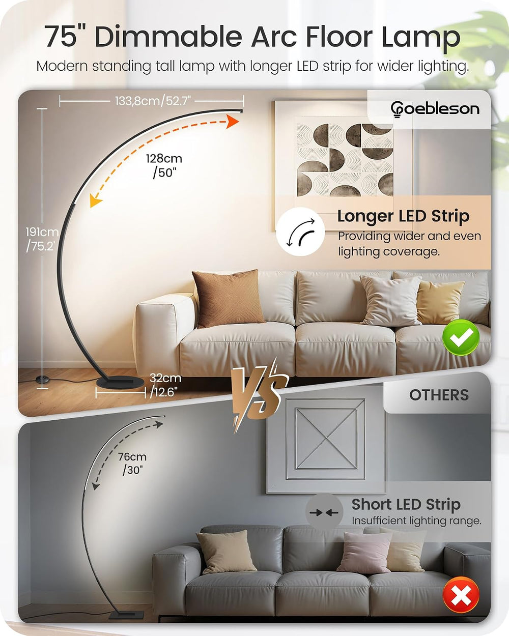 75 inch Dimmable LED Arc Floor Lamp for Living Room with Foot and Remote Cont...