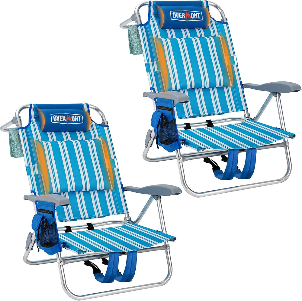 Overmont 2-Pack Low Beach Chairs with Cooler Bags - 6-Position Lay Flat