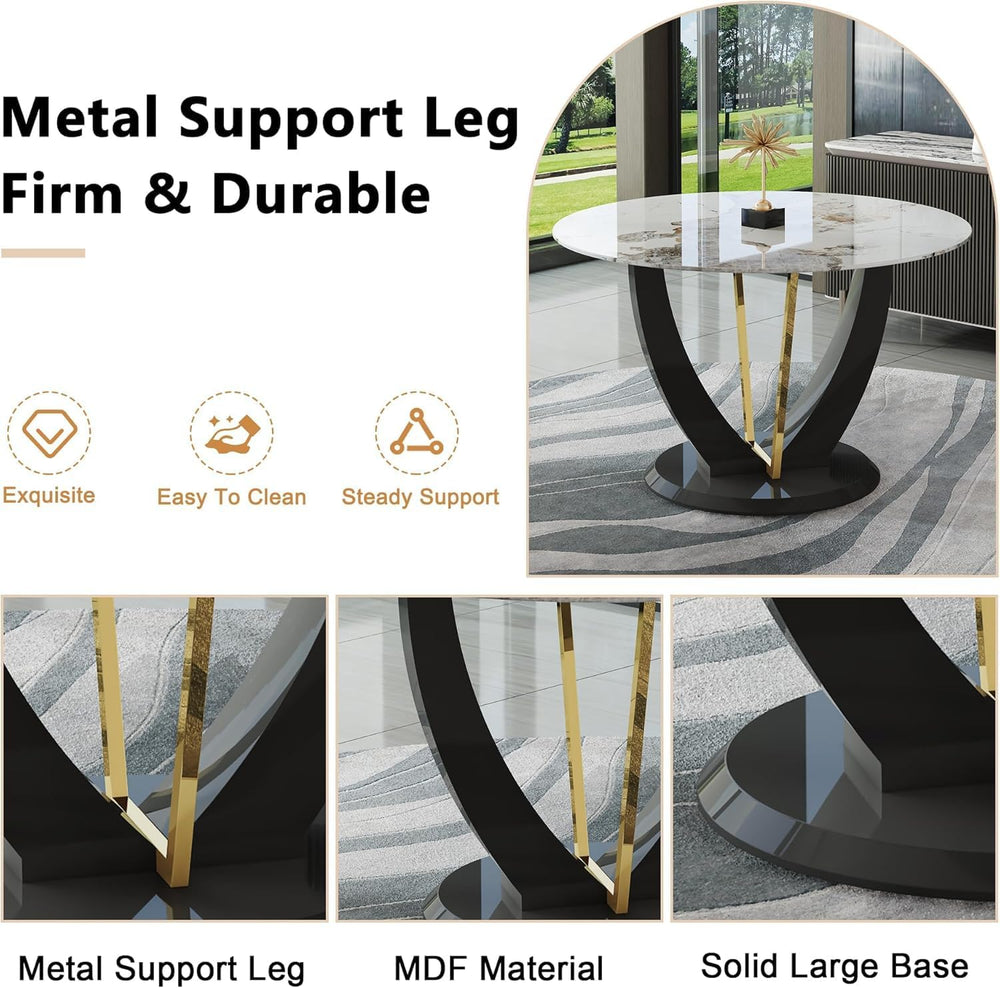 47" Round Glass Black Gold Dining Table Set 4