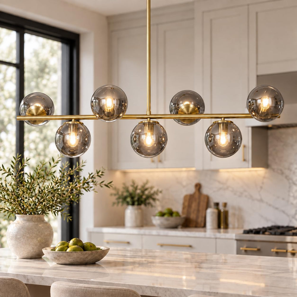 KCO Mid Century Modern 7 Light Brass Gold Linear Sputnik Chandelier