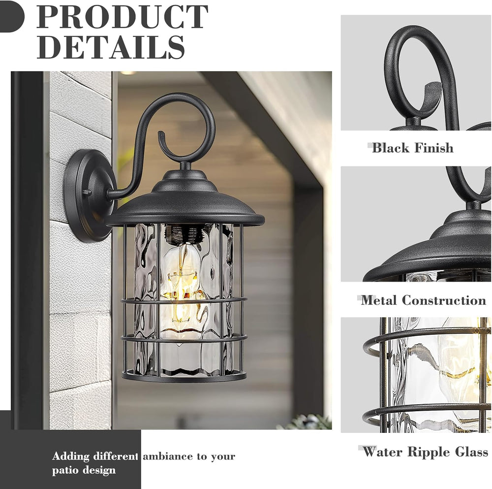Emliviar 2 Pack Outdoor Black Wall Sconces with Water Ripple Glass, E26 Base,...