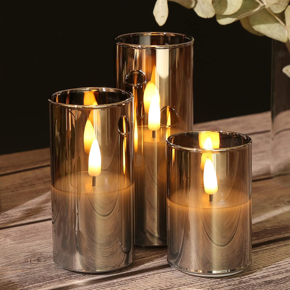 Eywamage Grey Glass Flameless Pillar Candles with Remote Batteries Set of 5
