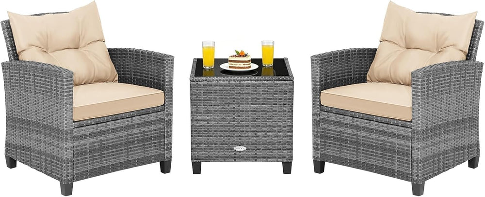COSTWAY 3PCS Wicker Patio Furniture Set with Cushions for Balcony and Porch