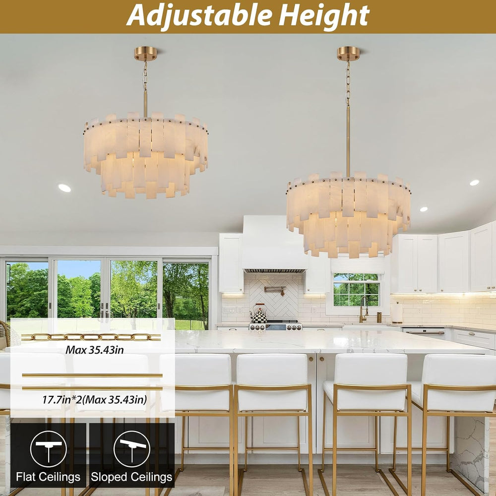 24" Alabaster Chandelier for Living Room, 2-Tier Round Brass Chandelier