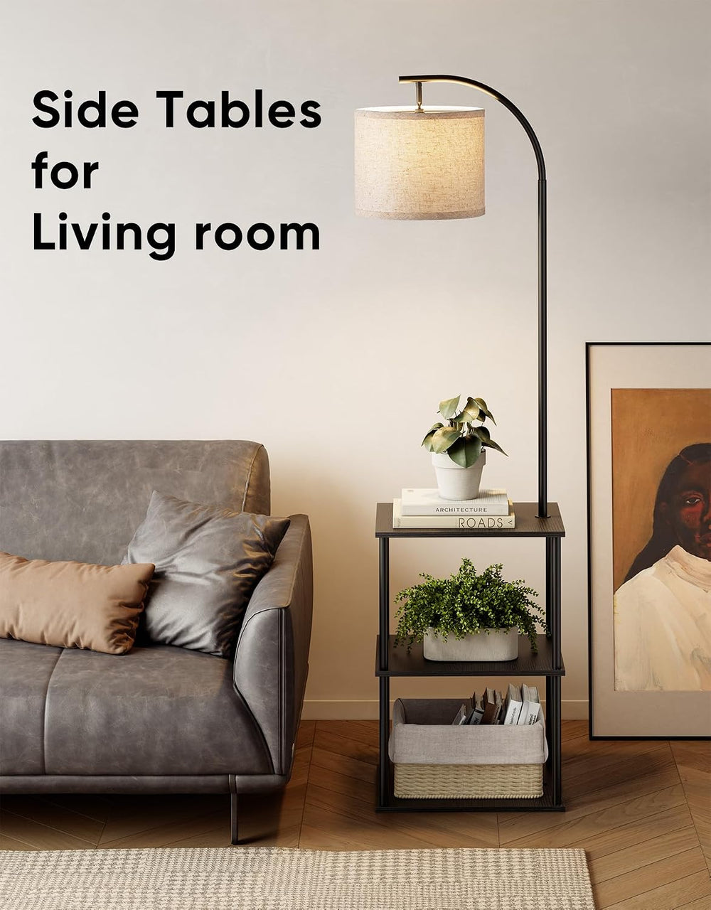 Black Floor Lamp with Table 2 Pack, Night Stand with Lamp, Narrow Side Table ...