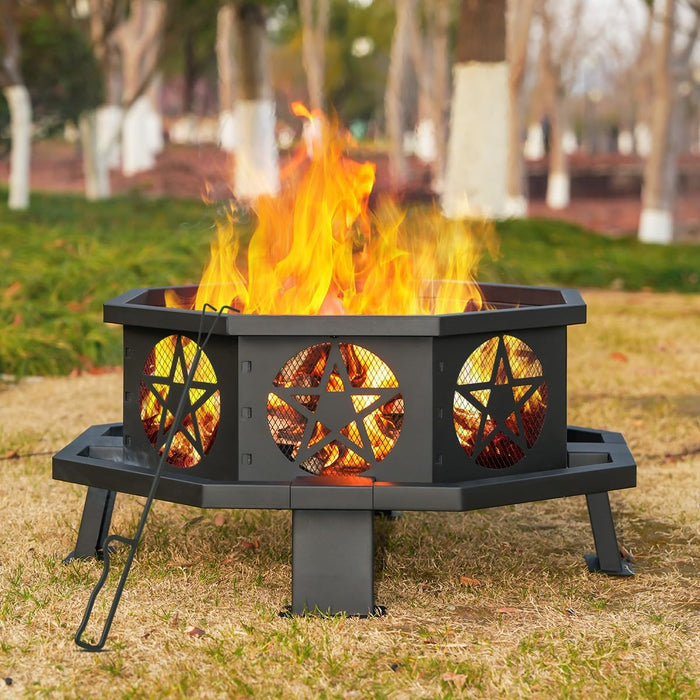 Verdeluxe 32 Inch Outdoor Octagonal Fire Pit with Fire Poker Black