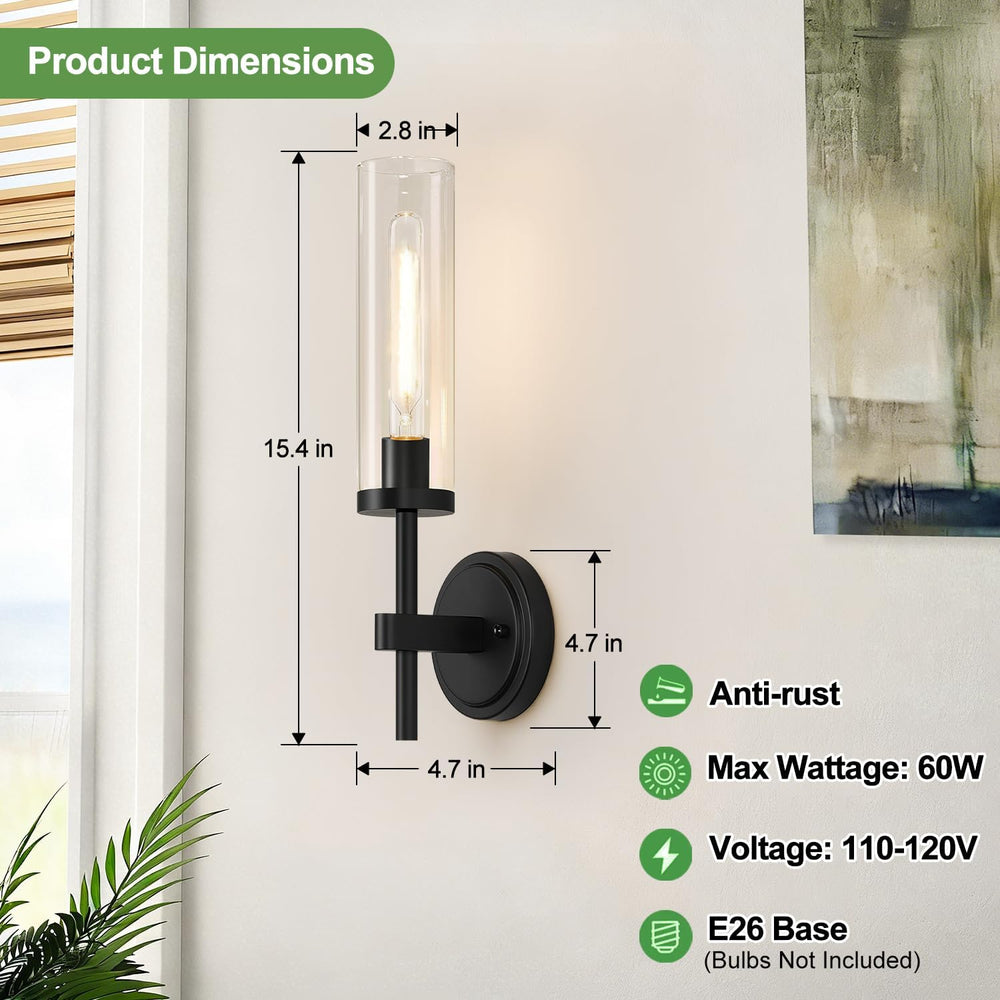 Hardwired Wall Sconces Set of Two, Matte Black Bathroom Sconces with Clear Gl...