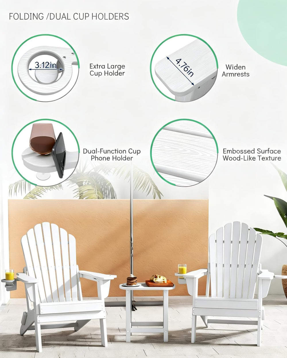 Plawdlik Oversized Folding Adirondack Chair, HDPE All-Weather Patio Chair wit...