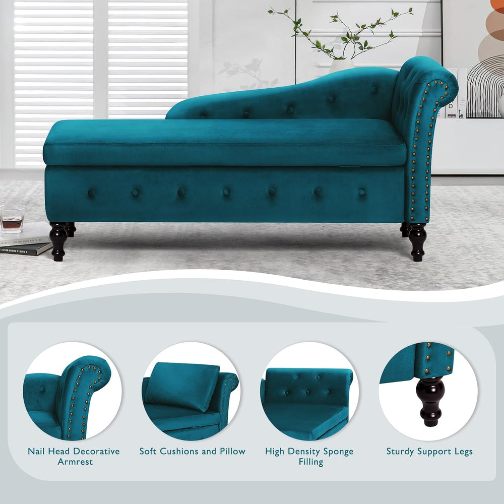 Velvet Chaise Lounge w/Right Armrest & Storage Space, Teal