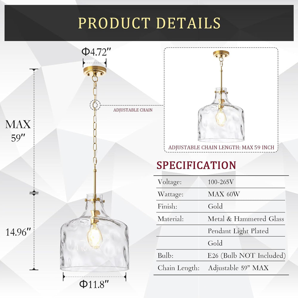 CATINER 16" Farmhouse Hammered Glass Pendant Light, Gold Hanging Light