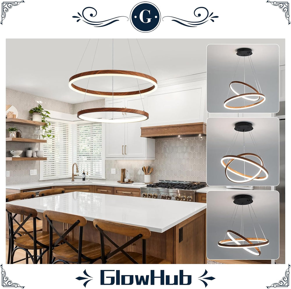 GlowHub Modern LED Chandelier for Dining Room 2 Ring Wood Grain Hanging Light...