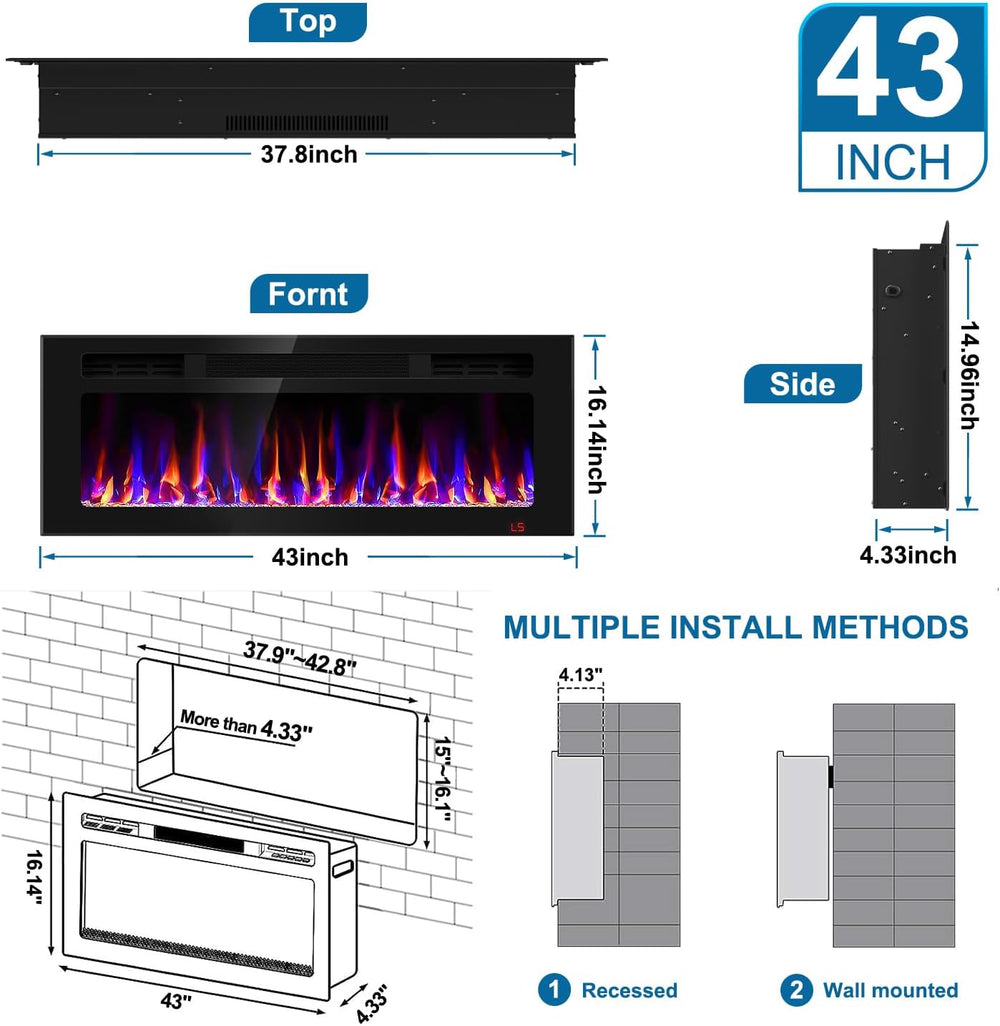 43 Inch Electric Fireplace Recessed and Wall Mounted, Fireplace Heater and Li...