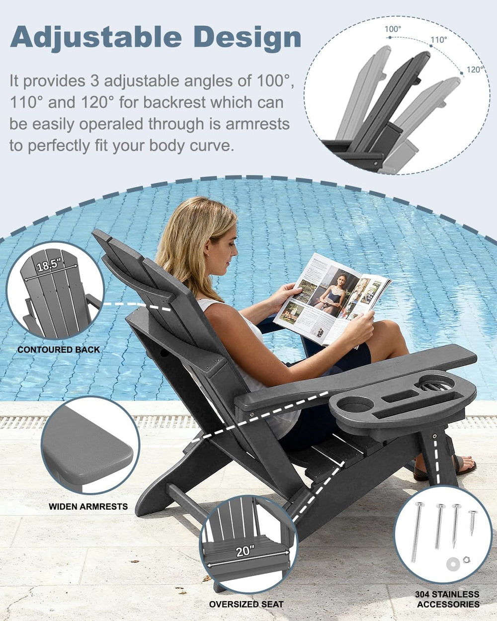 NAVINE Adjustable Adirondack Chairs Set of 8 with Cup Holders, Grey