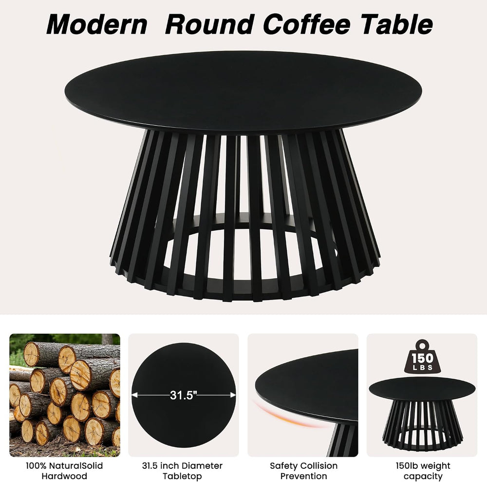HNY Black Round Coffee Table, Wood 31.5" Center Table for Living Room