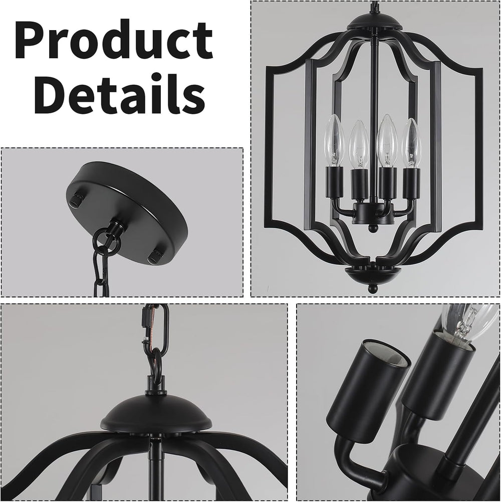 Black Chandelier Light Fixture, 4-Light Farmhouse Chandelier Dining Room Ligh...