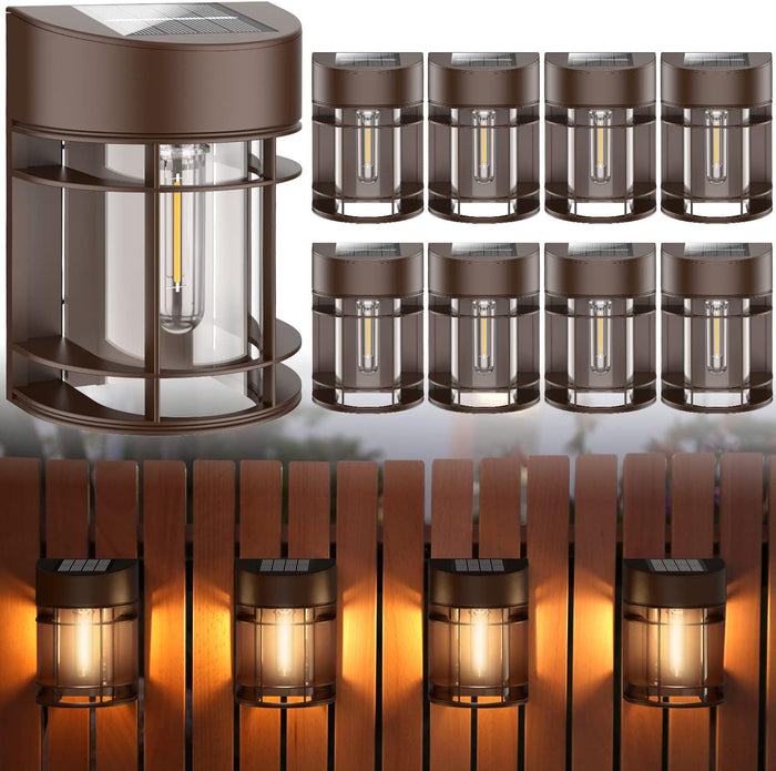 Solar Fence Lights, 8 Pack Deck Light Waterproof Solar Outdoor Lights for Garden Fence Post Backyard Decor, Brown