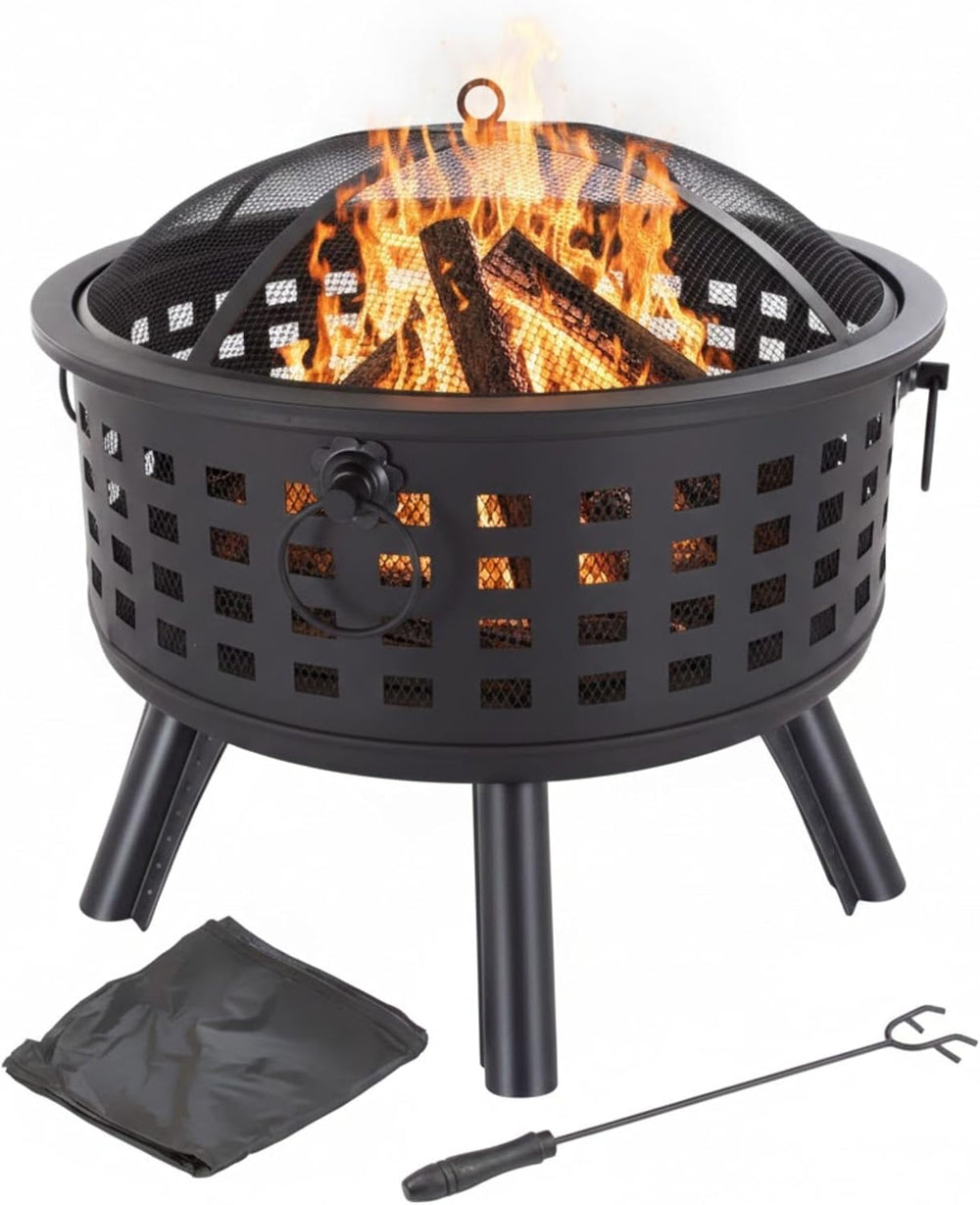 Outdoor Fire Pit - 26-Inch Round Lattice Wood Burning Firepit with Screen, Po...