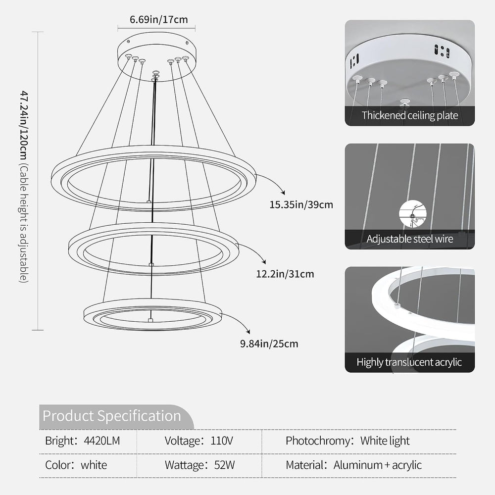 O'NEELDY Modern LED Chandeliers White Pendant Light Fixture 3 Ring Flush ...