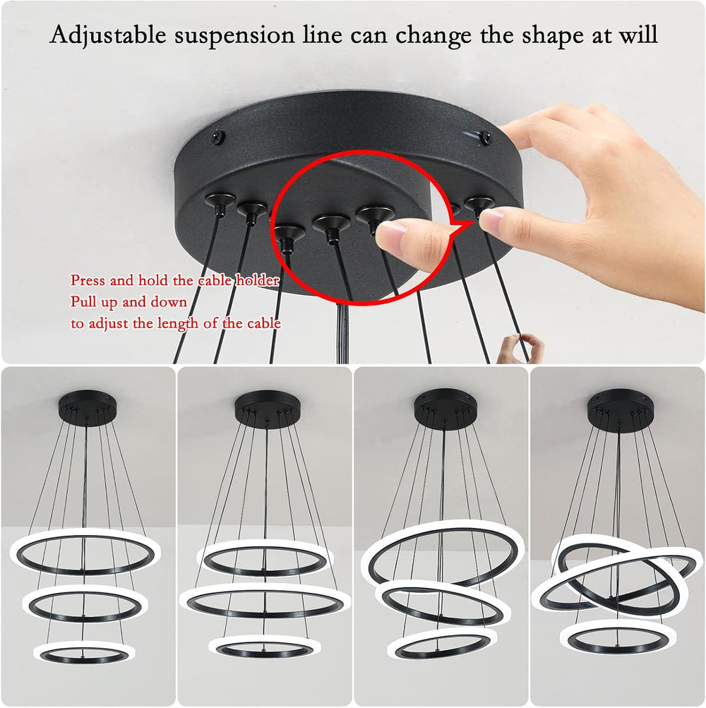 O'NEELDY Modern 3 Ring LED 52W Black Pendant Light with Irregular Ring Li...