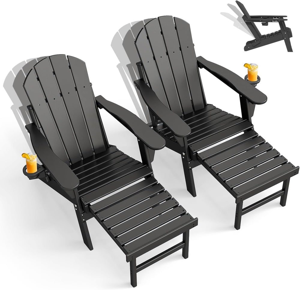 GREENVINES Adjustable Adirondack-Chairs-with-Ottoman Set of 2, HDPE, Black