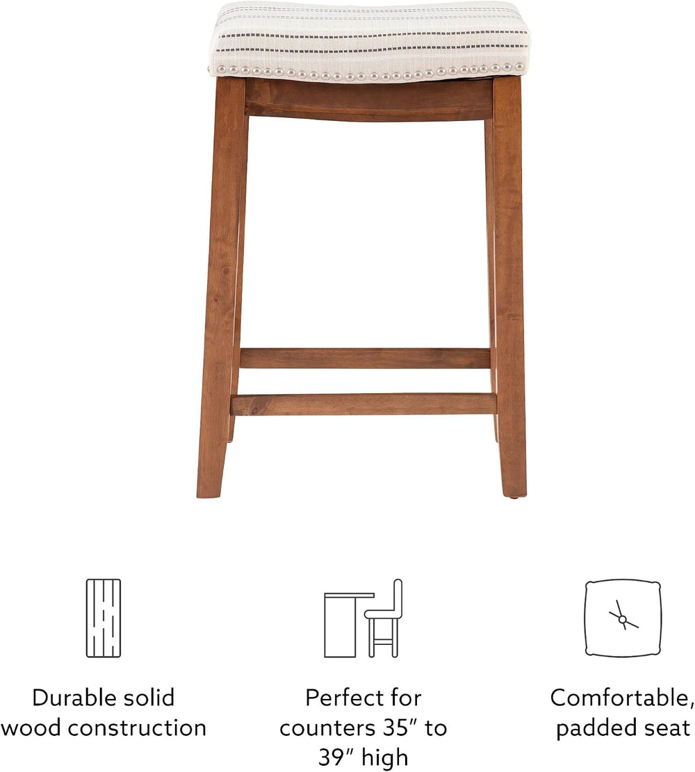 Linon Kingston Natural Wood with Upholstered Linen seat 24 Inch Seat Height B...