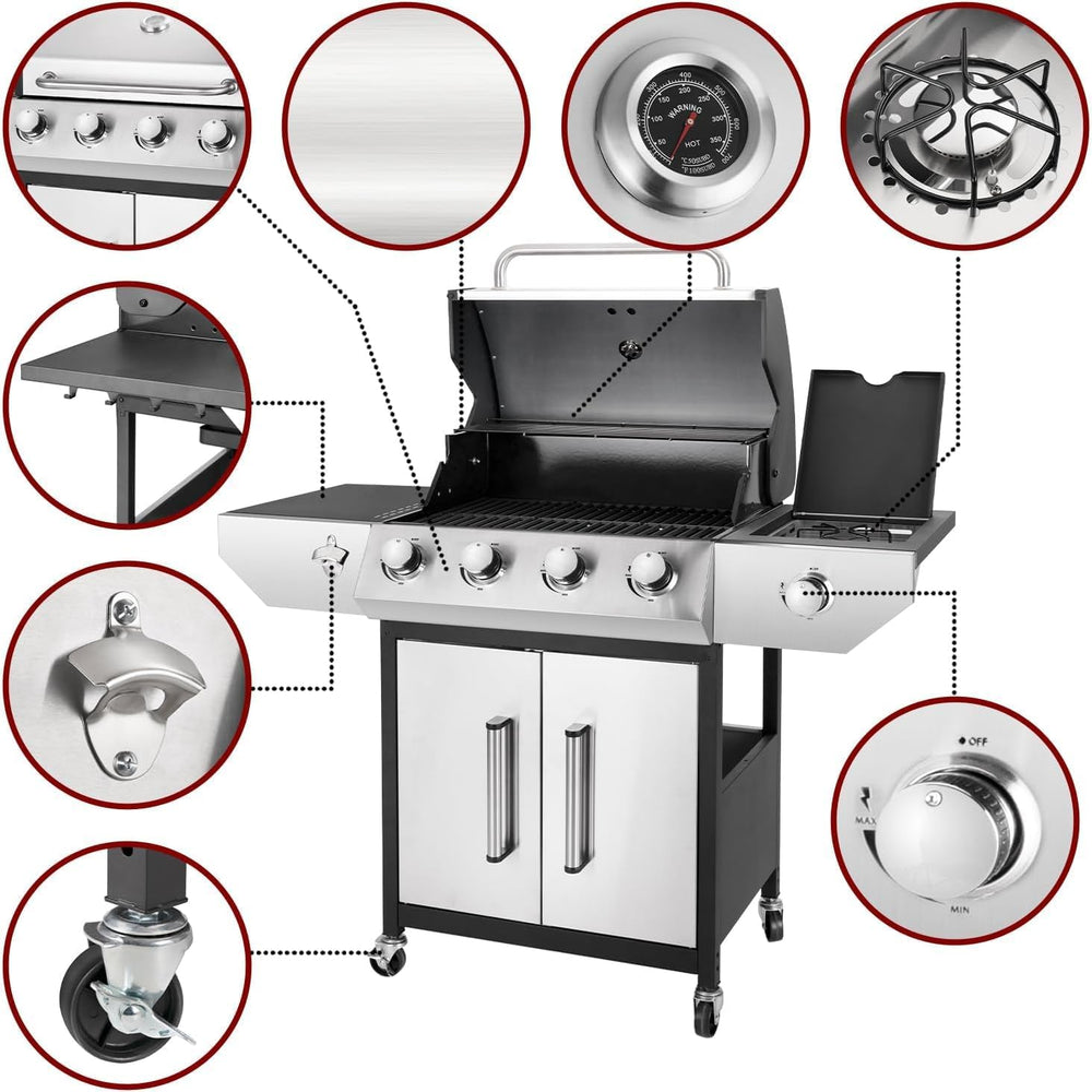 4-Burner Propane BBQ Grill 53000 BTU Stainless Steel Cast Iron Grate