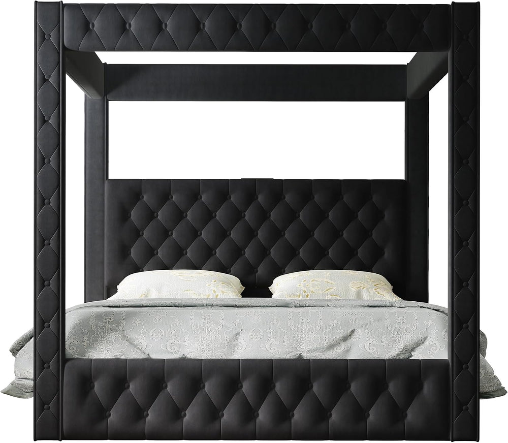 Jocisland Queen Canopy Bed Frame Velvet Upholstered Headboard, Black