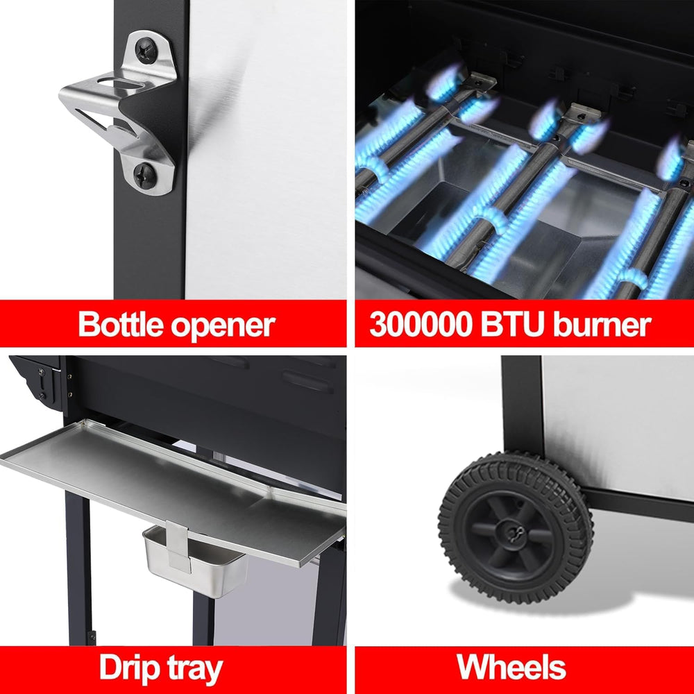 3 Burner Propane Gas Grill, Stainless Steel Cabinet with Side Table & Ful...