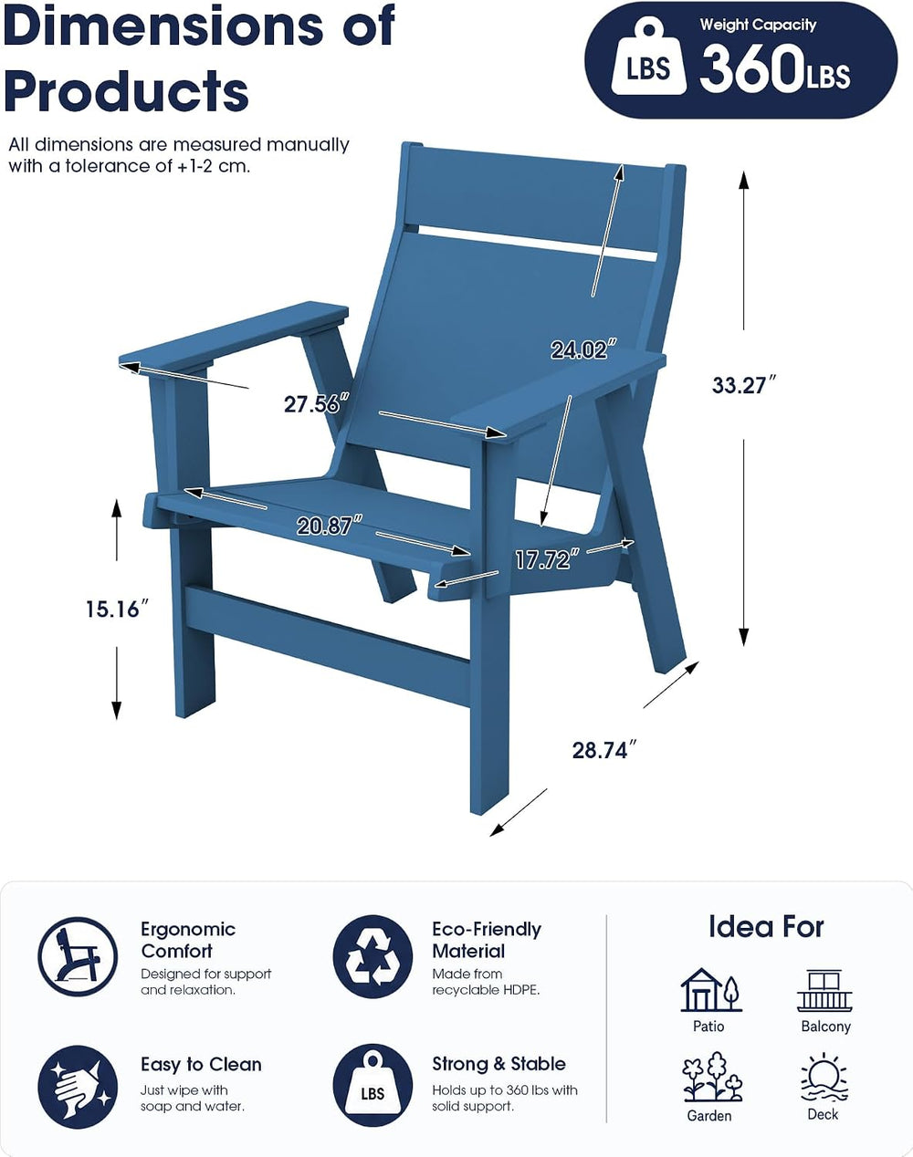 KINGYES Modern Adirondack Chair Set of 6, Slateless Design, Navy