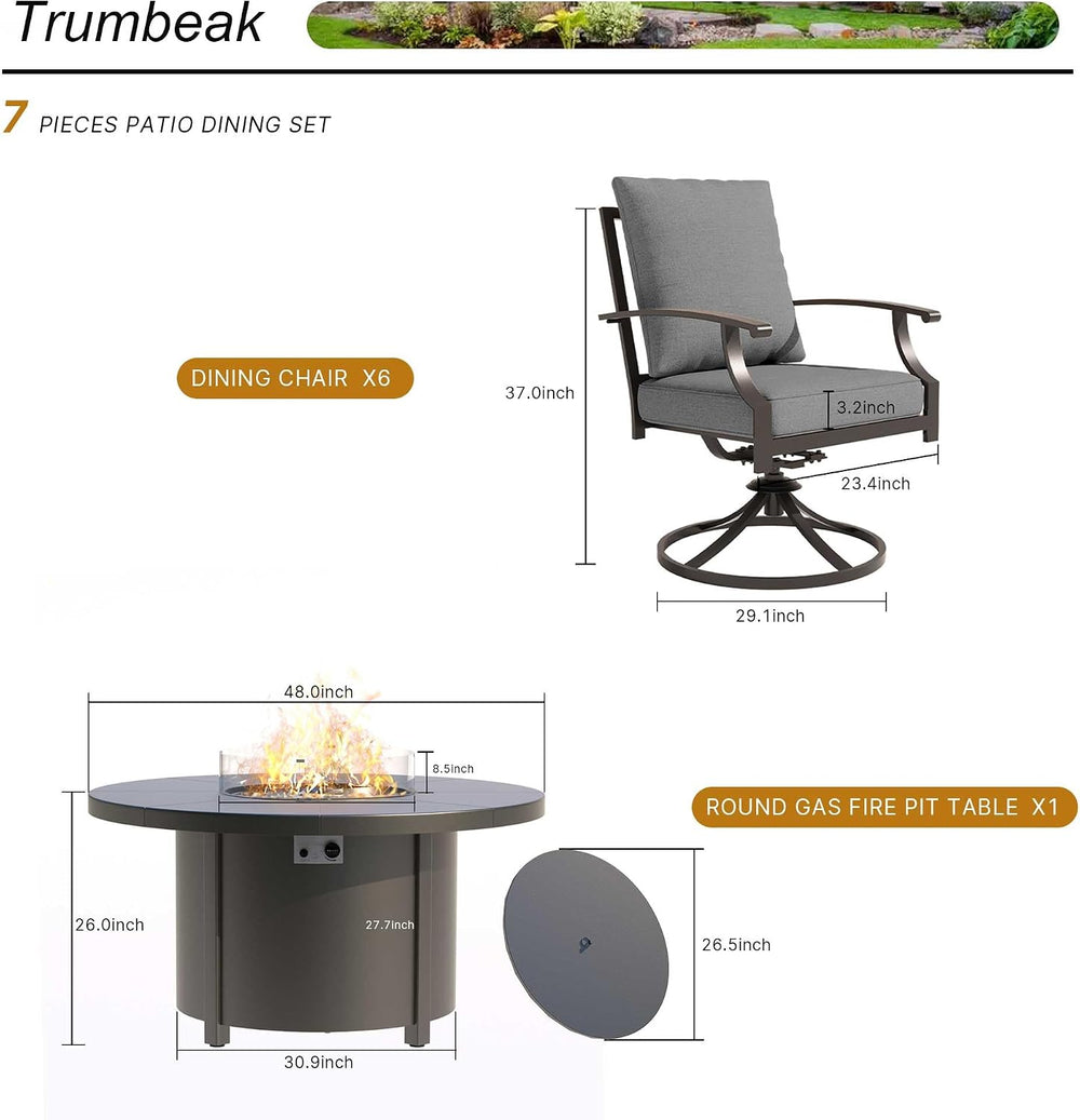 7 Piece Metal Outdoor Patio Furniture Set with 48"/55000 BTU Round Fire ...
