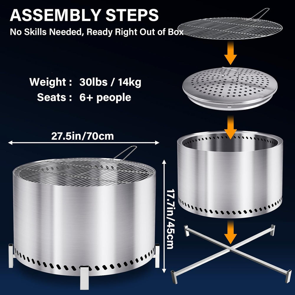 HGD 28 Inch Smokeless Firepit with Stand & Grill Rack, Large Stainless St...