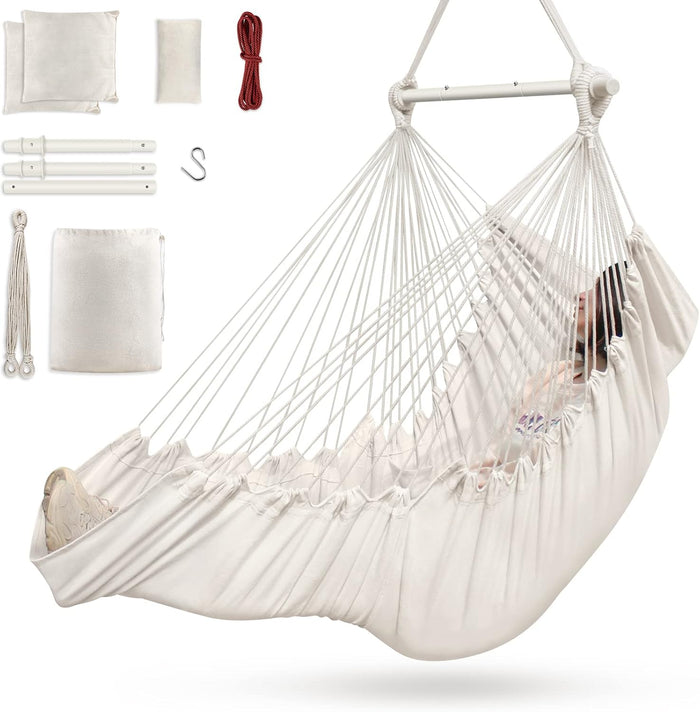 Outerman Hammock Chair, Hanging Chair with 3 Cushions and Foot Rest Support, Durable Metal Spreader Bar Max 440 Lbs, Swing Chair for Bedroom, Indoor & Outdoor, Patio, Porch or Tree（White）