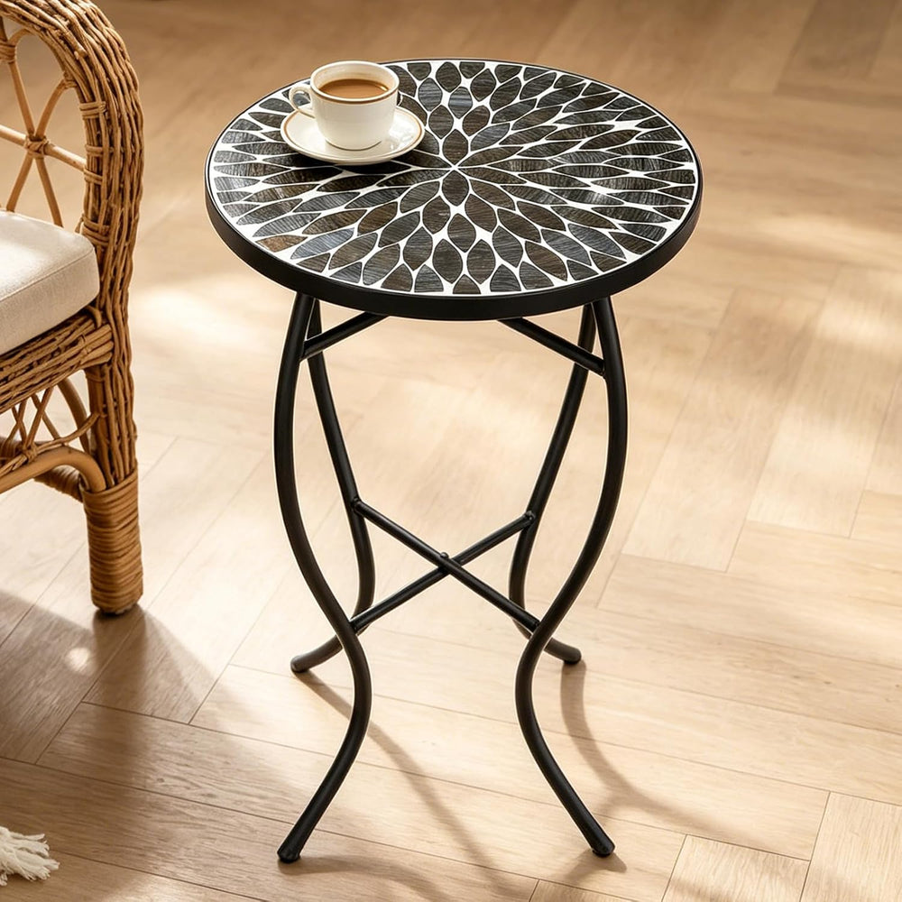 MUMTOP 14" Mosaic Outdoor Side Table, Small Round Patio Accent Table,Black