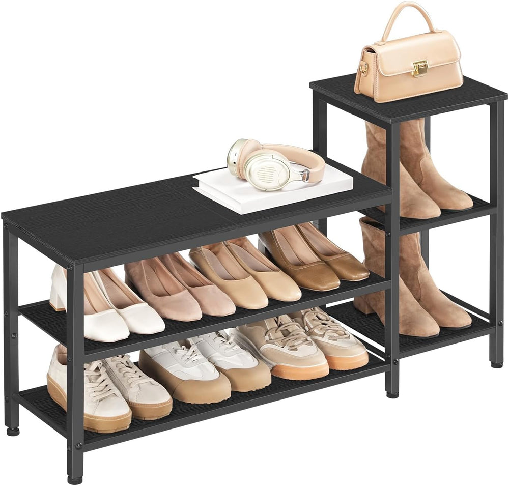 YATINEY 3-Tier Shoe Rack Bench, Wooden Shoe Storage Bench, Industrial Entrywa...