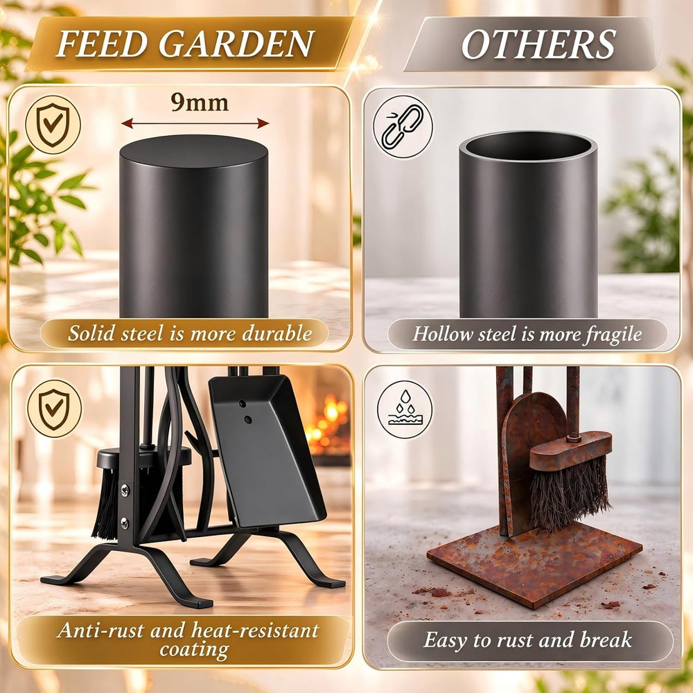 FEED GARDEN Fireplace Tools Set 5 Pcs with Stand, 29” Durable Wrought Iron