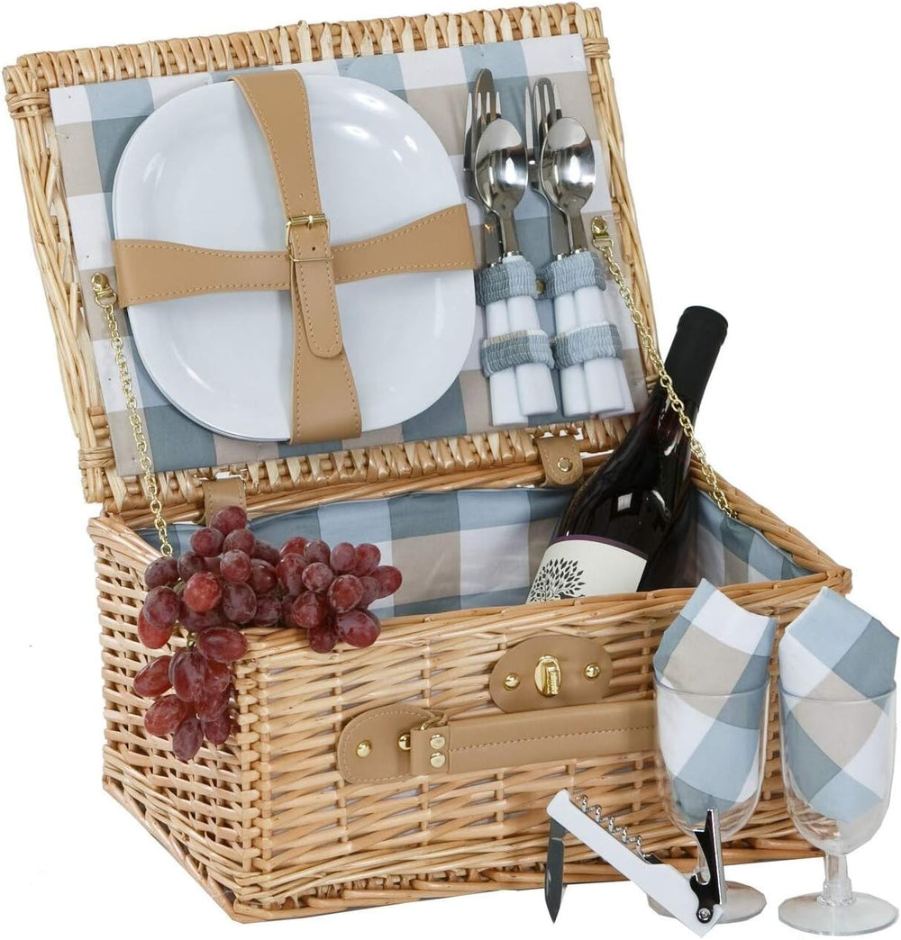 Boothbay Two Person Picnic Basket Willow Picnic Basket with Two Plates/Flatwa...